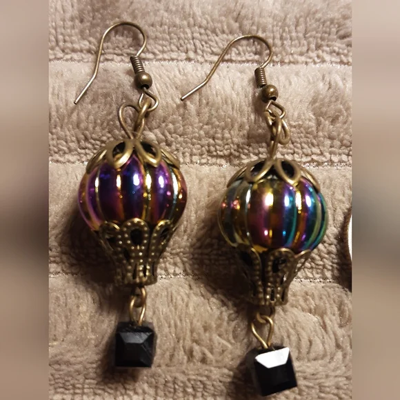 Handmade Bronze Hot Air Balloon Earrings Rainbow Finish Pierced - Picture 4 of 4